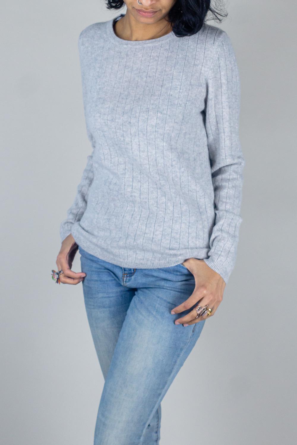 White + Warren Cashmere Ribbed Slim Crew Neck - /Blue - L