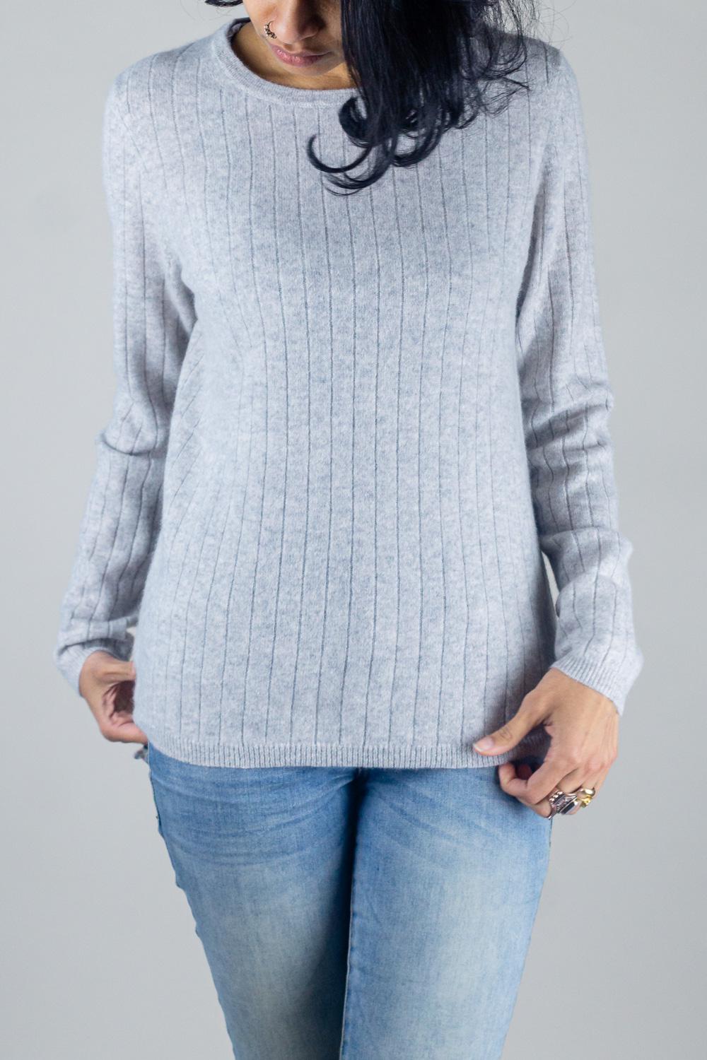 White + Warren Cashmere Ribbed Slim Crew Neck - /Blue - L