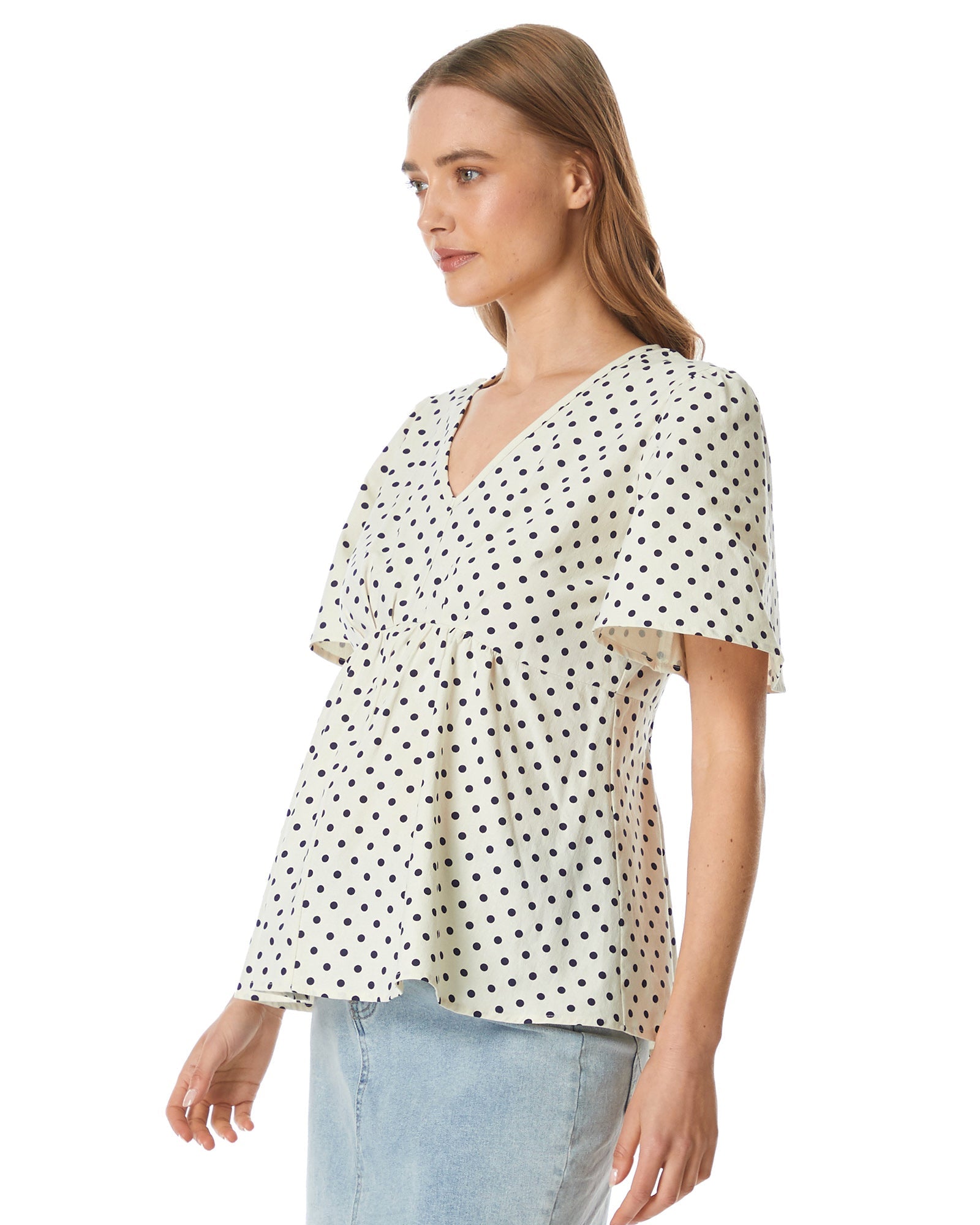Soon Maternity Hani V-Neck Maternity Blouse - Polka Dot - White Multi/black Dot