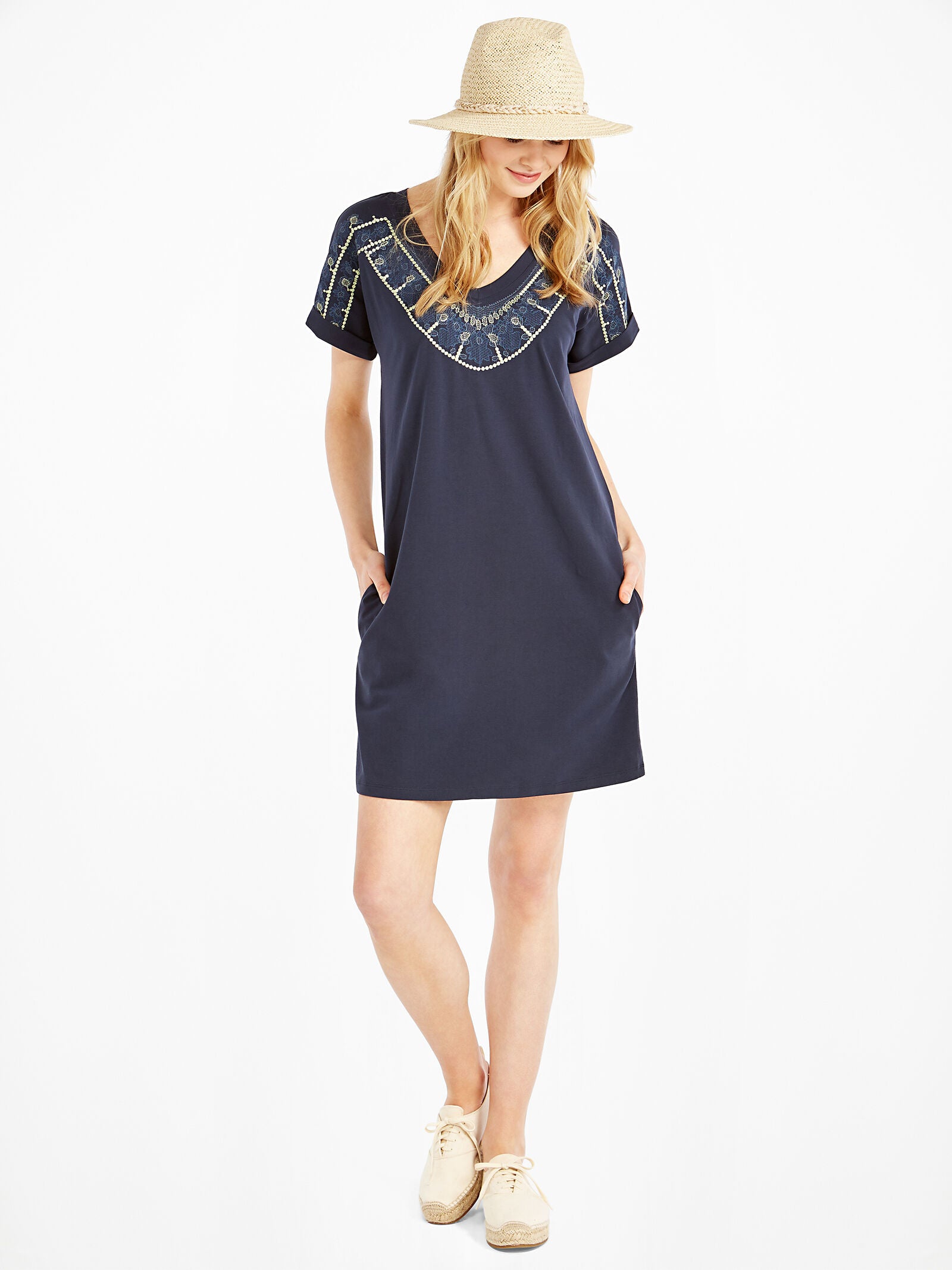 NIC+ZOE Pier Embroidered Shift Dress - /Navy Multi - L