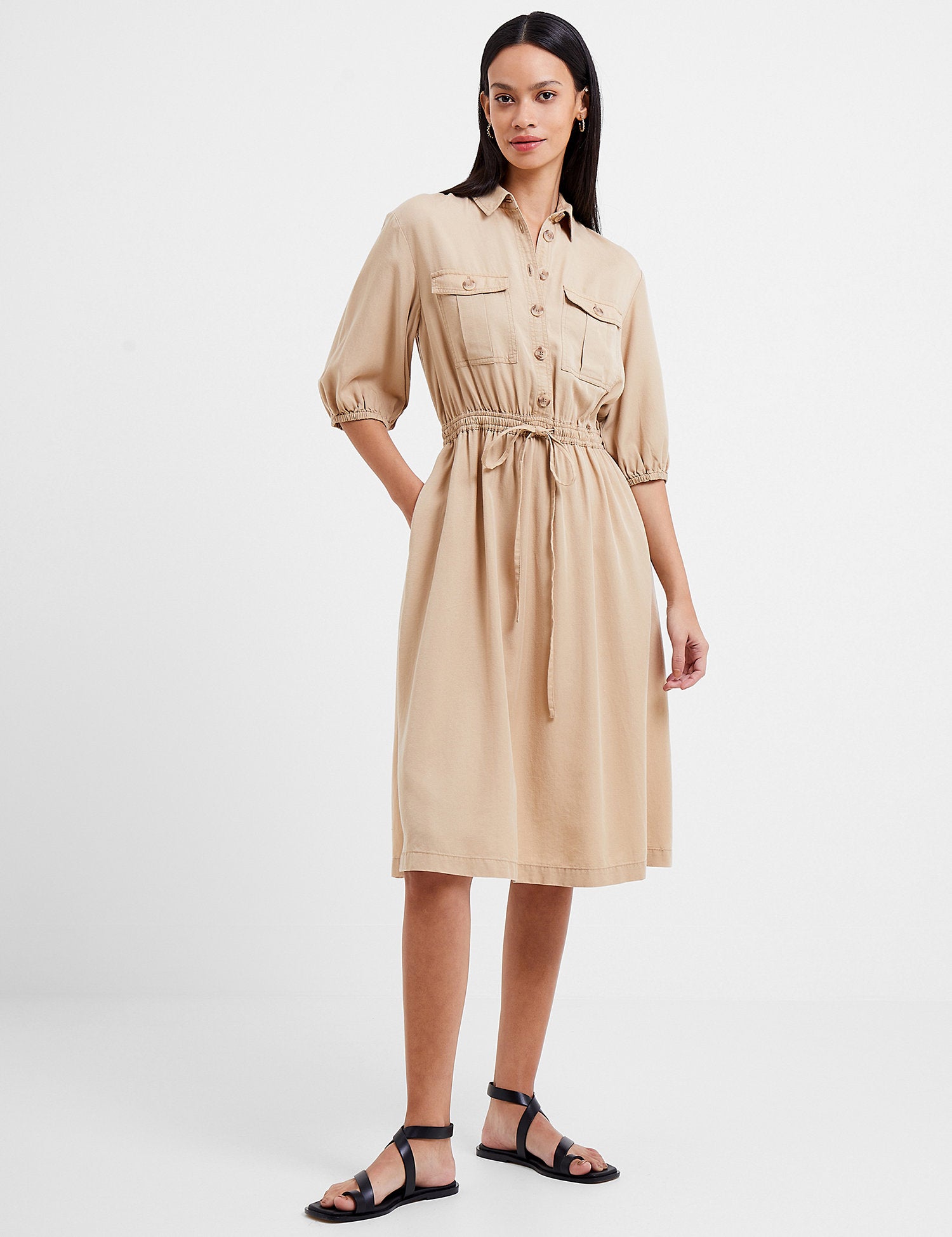 French Connection Adoni Drawstring Waist Shirtdress - /Beige - S