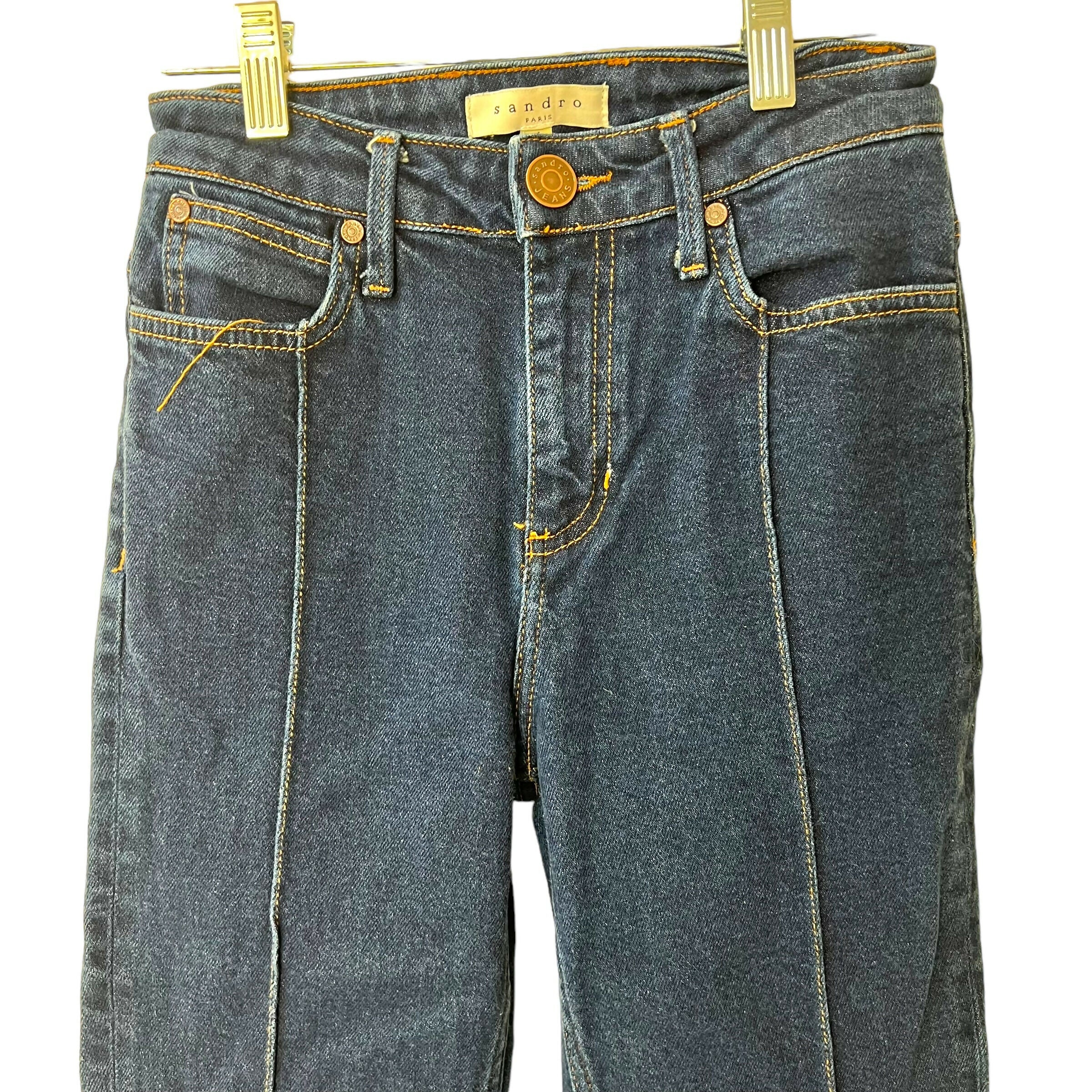 Sandro High Waist Jeans Dark Wash Reverse Seam Cropped Ankle Sz 24