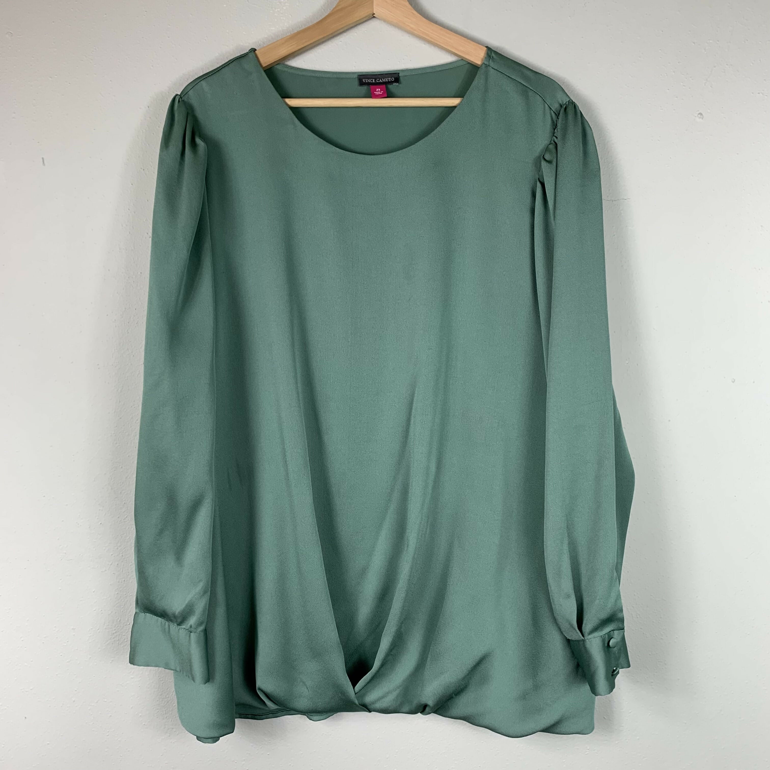 Vince Camuto Drape Front Satin Blouse - Sage Green - 2X