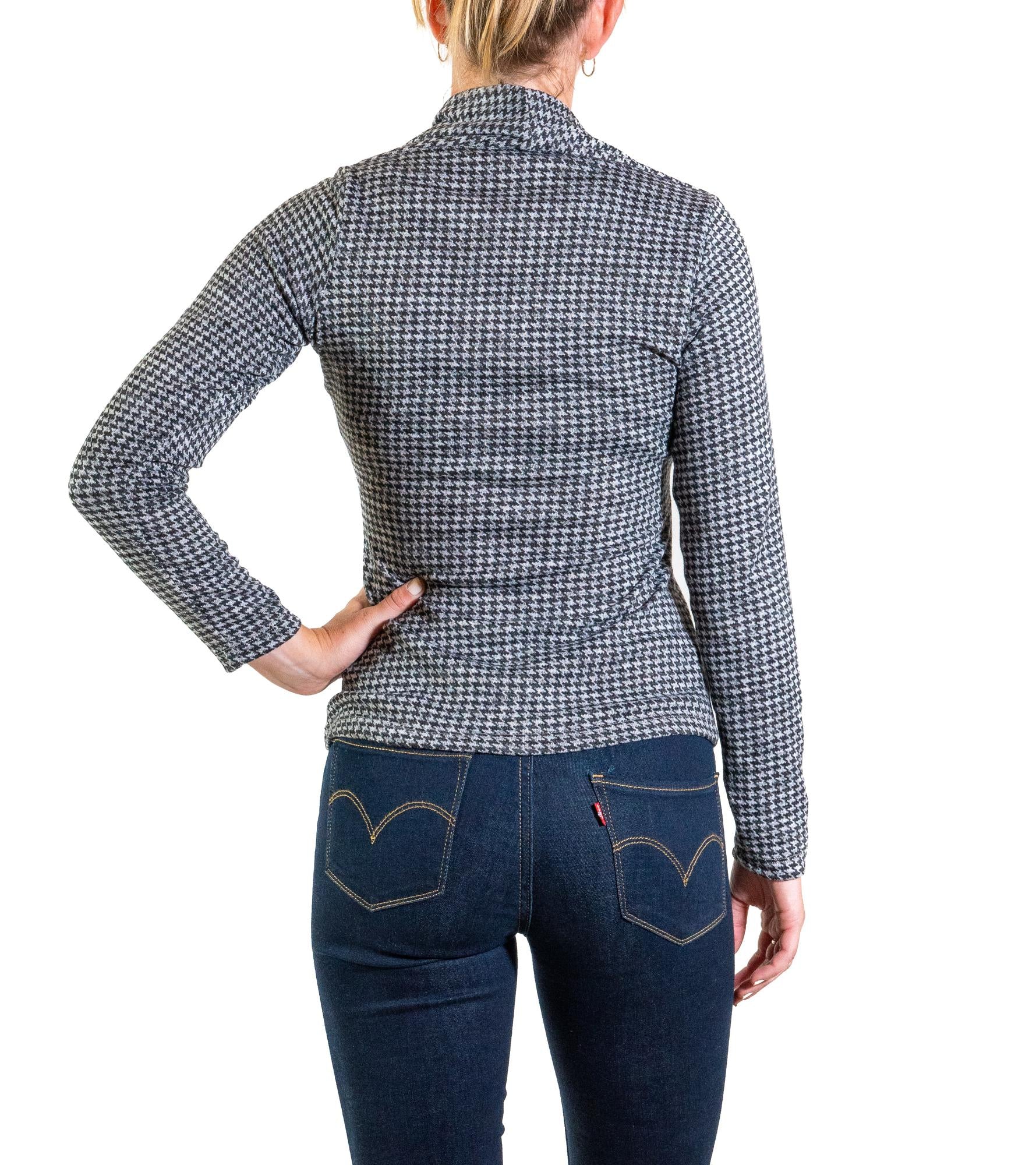 Farinaz Taghavi Long Sleeve Gathered V-Neck Printed Blouse - Plaid - Black Multi/Black Gray Check