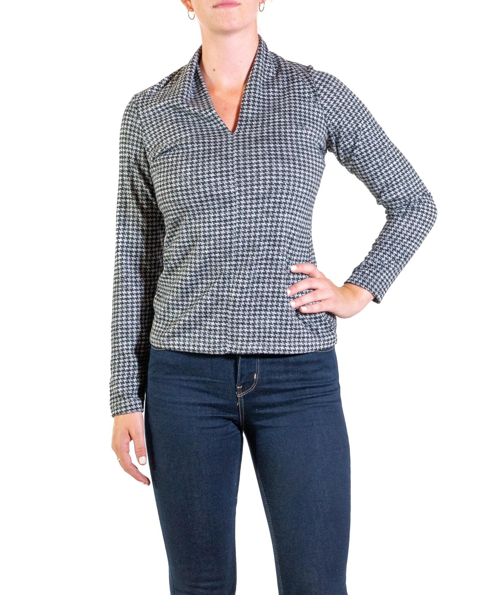 Farinaz Taghavi Long Sleeve Gathered V-Neck Printed Blouse - Plaid - Black Multi/Black Gray Check