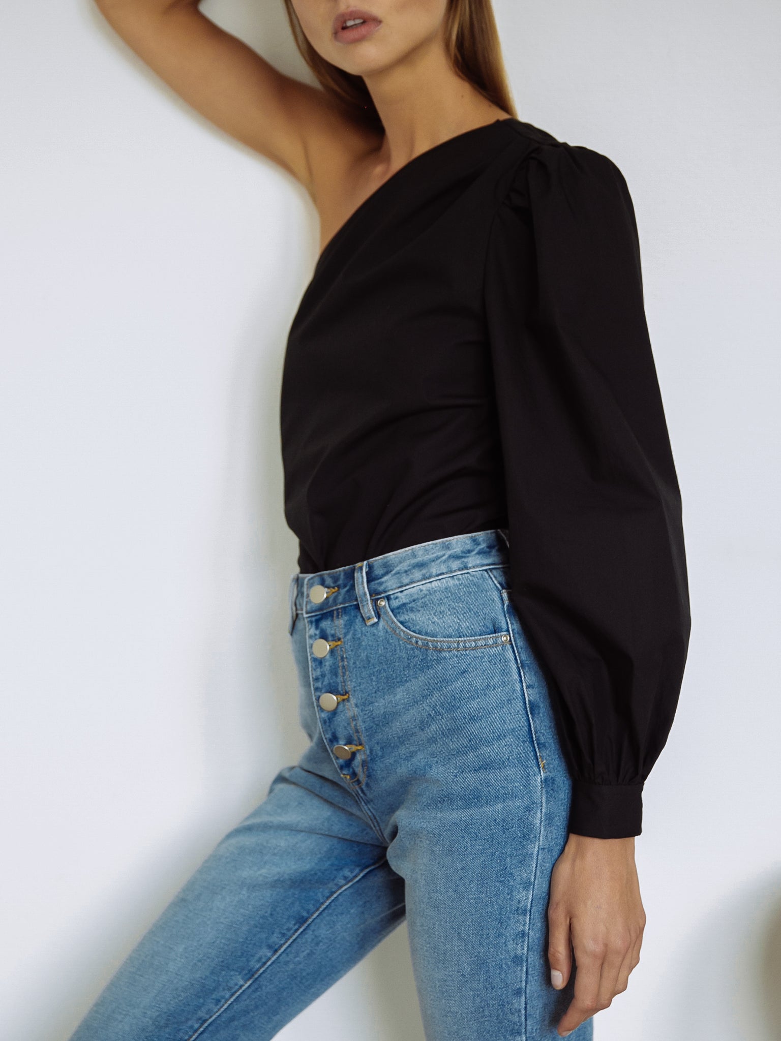 FRAME One Shoulder Cotton Blouson Top - Black