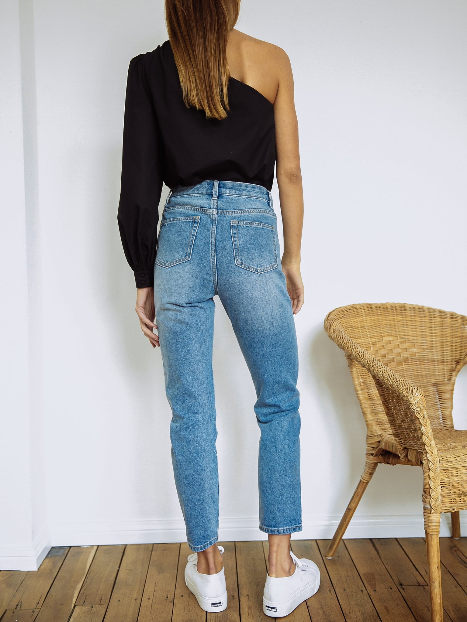 FRAME One Shoulder Cotton Blouson Top - Black