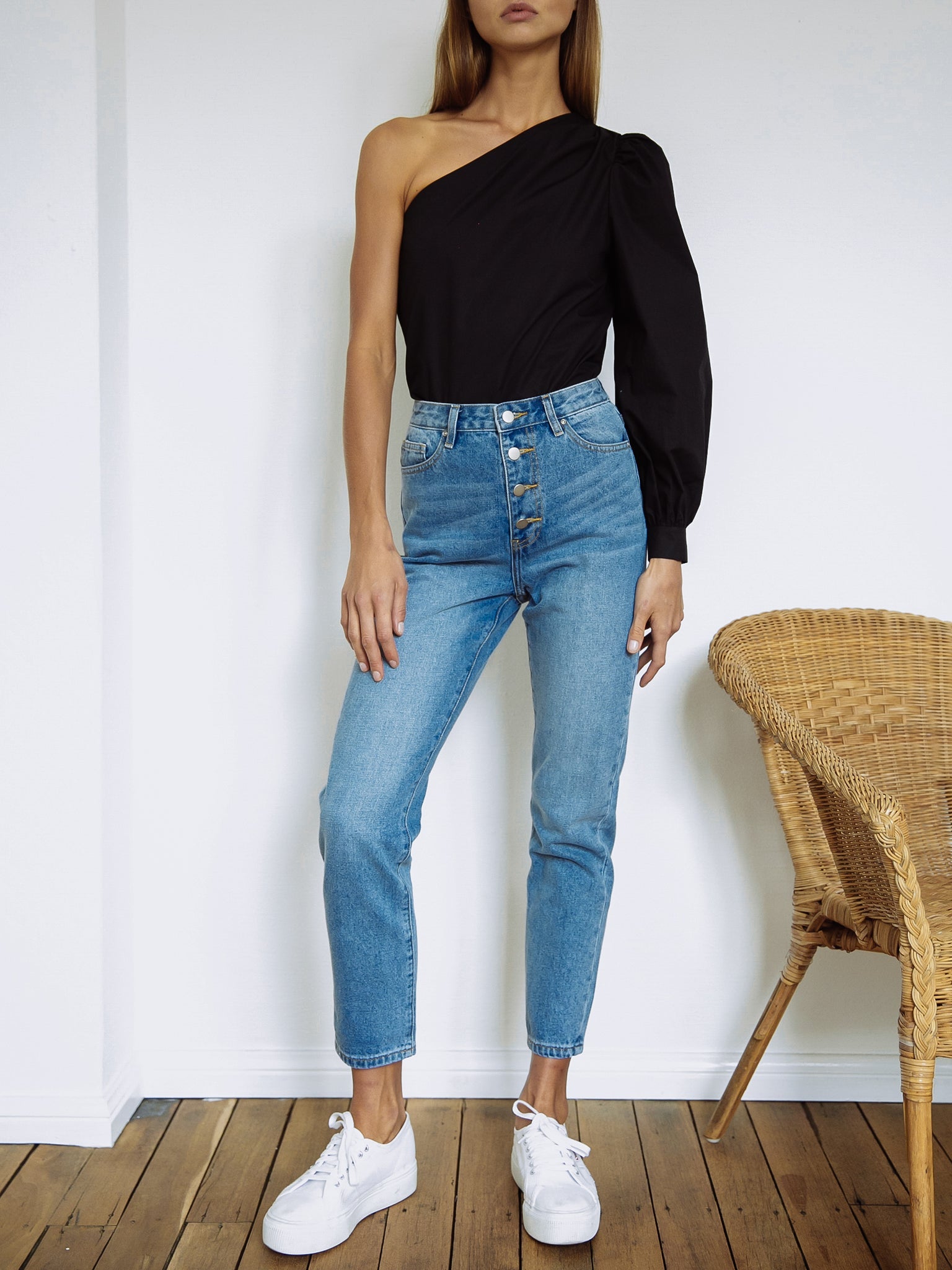 FRAME One Shoulder Cotton Blouson Top - Black