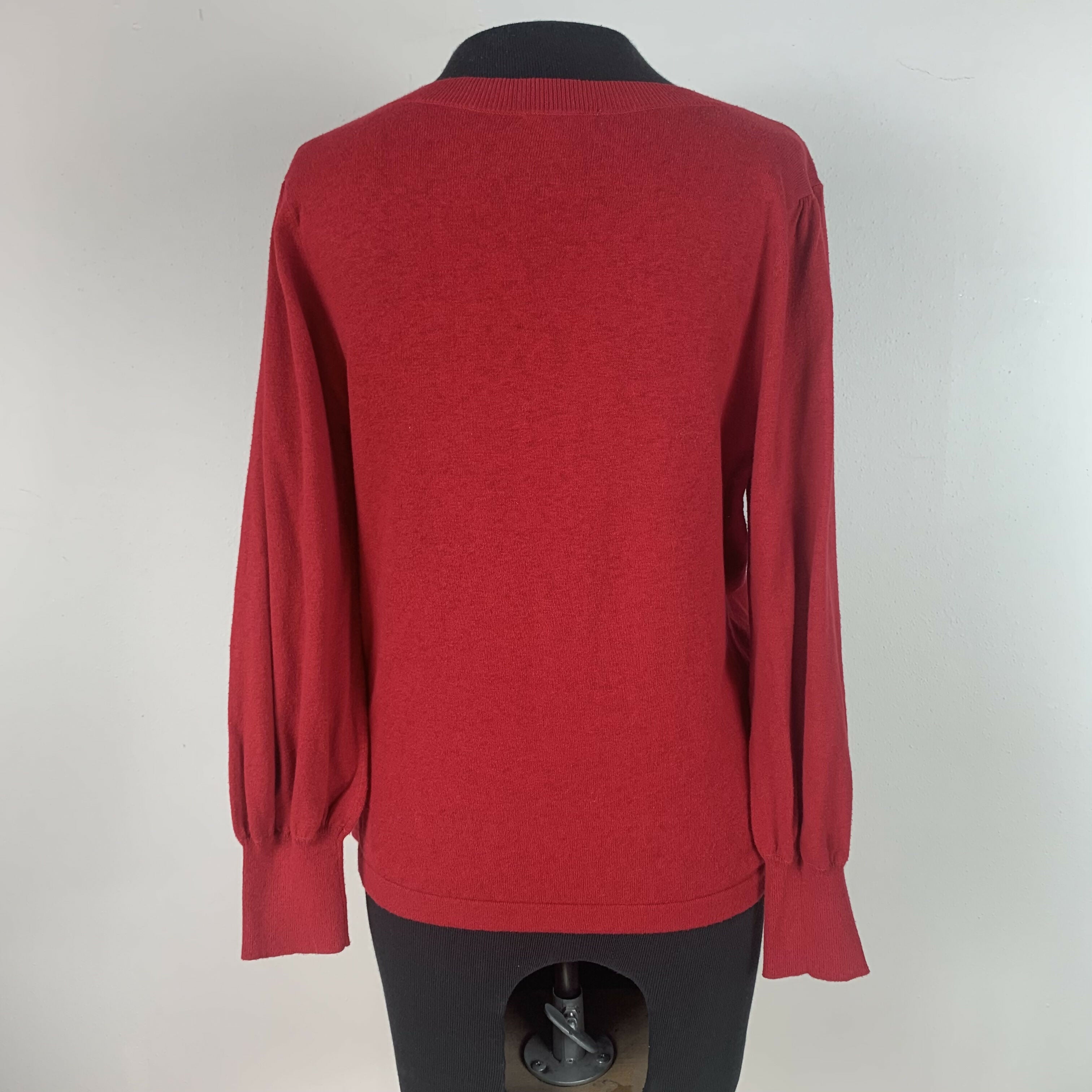 Lilla P 3/4 Puff Sleeve V-Neck Sweater - Red - M