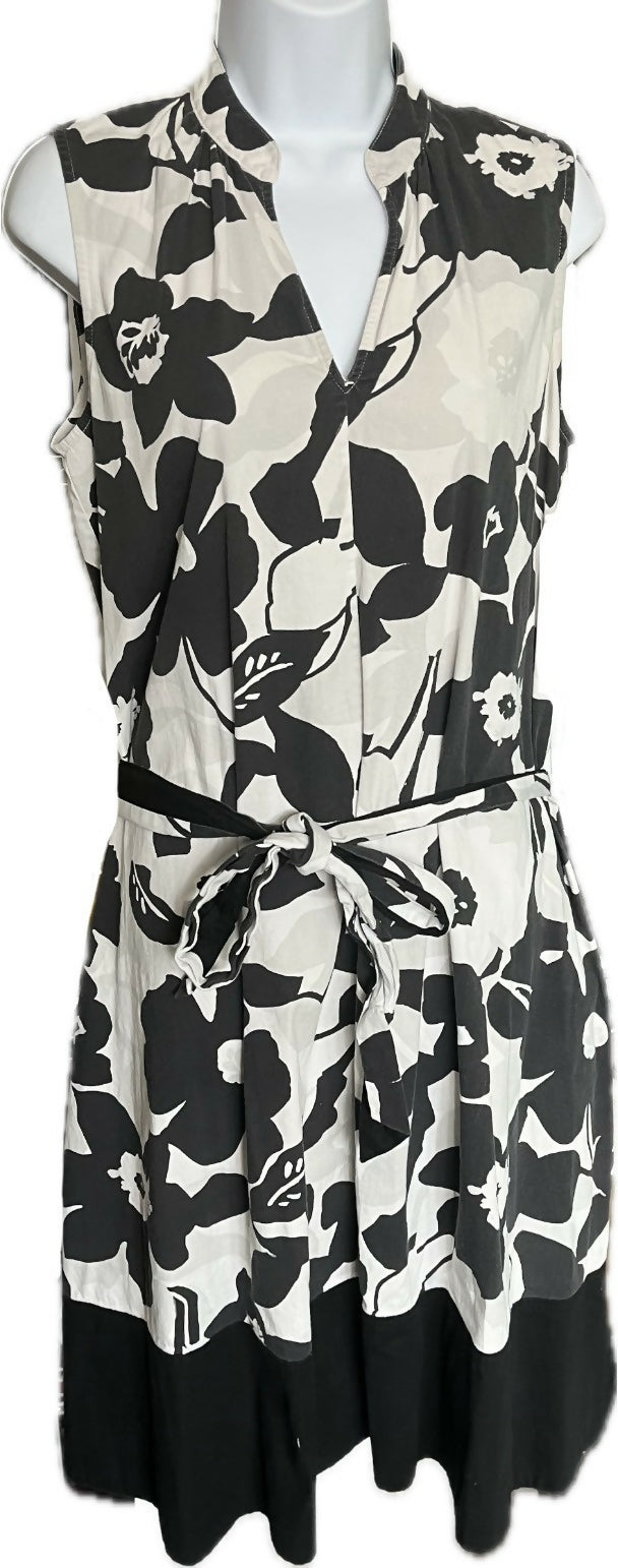 Natori Garden Mandarin sleeveless Dress pockets, belted Floral Black white beige Small