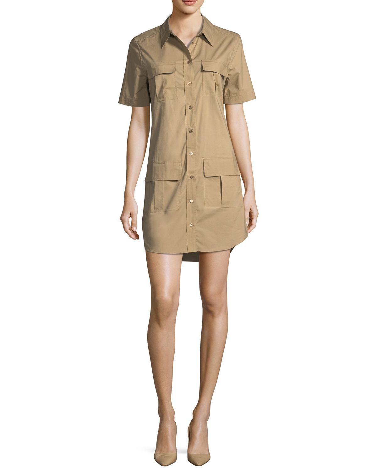 Equipment Button-Front Short Sleeve Utility Shirtdress with Pockets - Brown