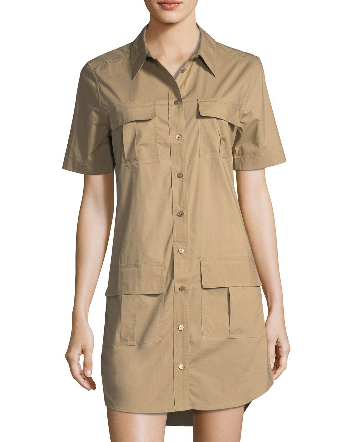 Equipment Button-Front Short Sleeve Utility Shirtdress with Pockets - Brown