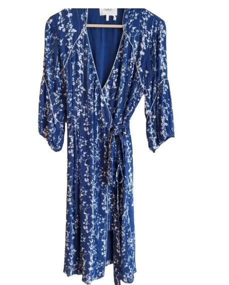 ba&sh 3/4 Sleeve V-Neck Printed Midi Wrap Dress - Floral - Blue Multi/BLEUET - M