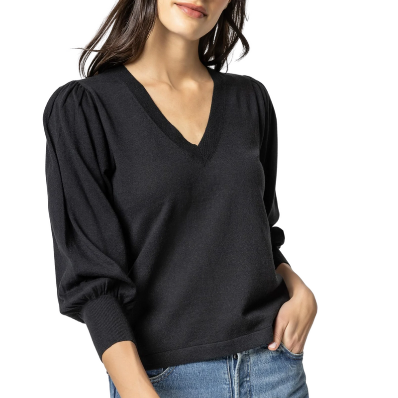 Lilla P Quarter Sleeve V-Neck Sweater - Black - L