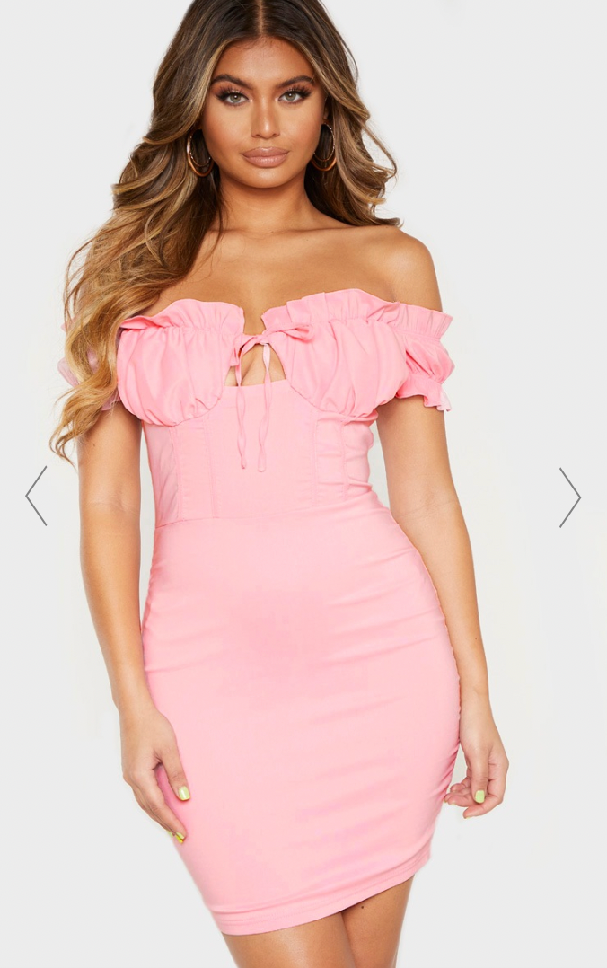 PrettyLittleThing Pink Off the Shoulder Tie Front Bodycon Mini / M