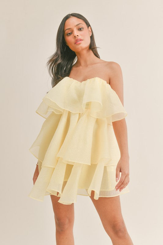 Klesis Yellow Strapless Tiered Ruffle Mini M / NWOT