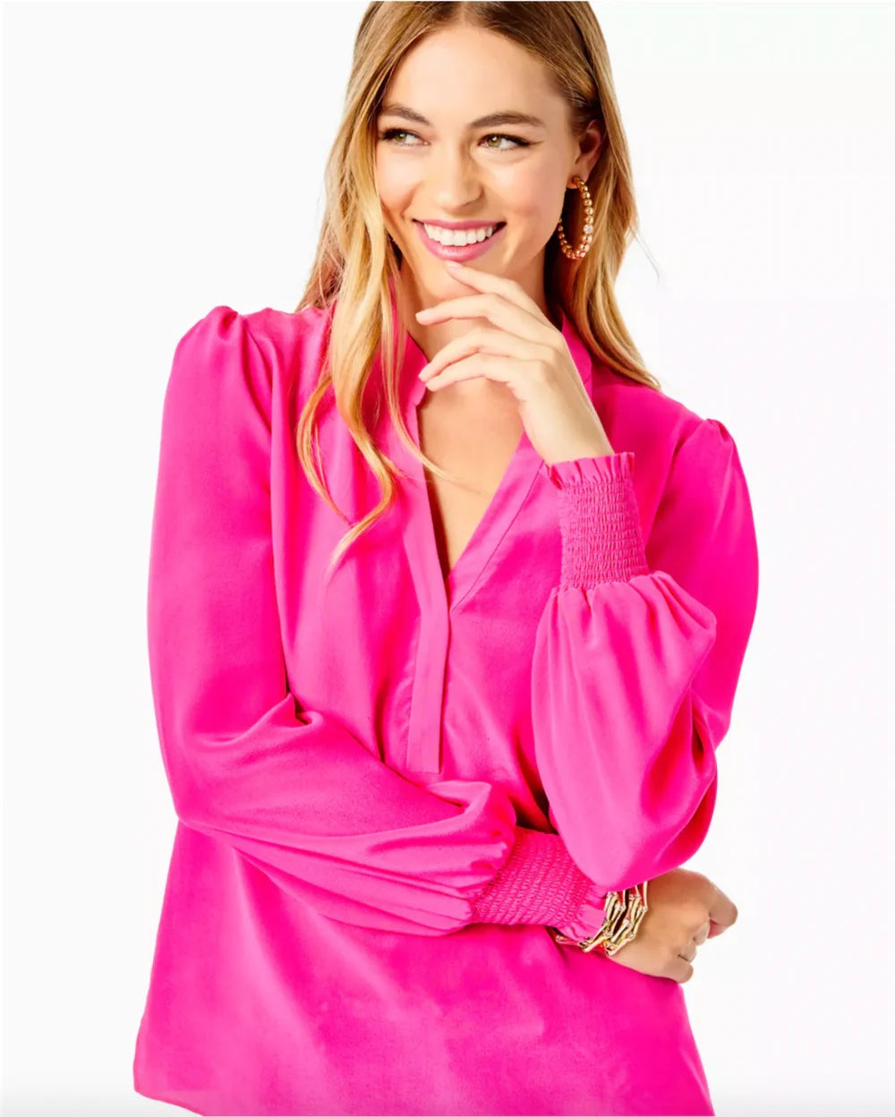 Lilly Pulitzer Dae Smocked Cuff Popover Silk Blouse