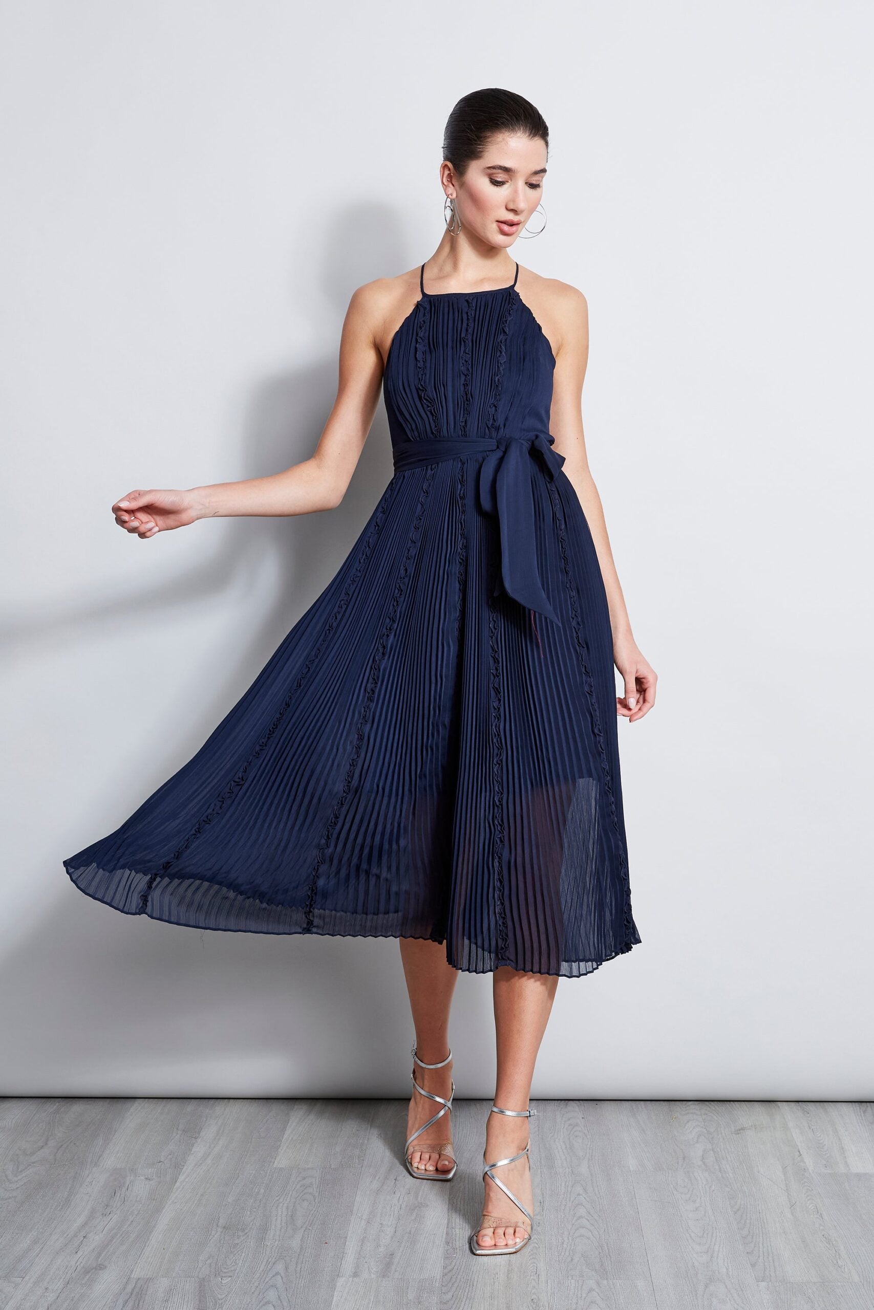 Elie Tahari Crinkle Chiffon Halter Midi Dress - /Navy