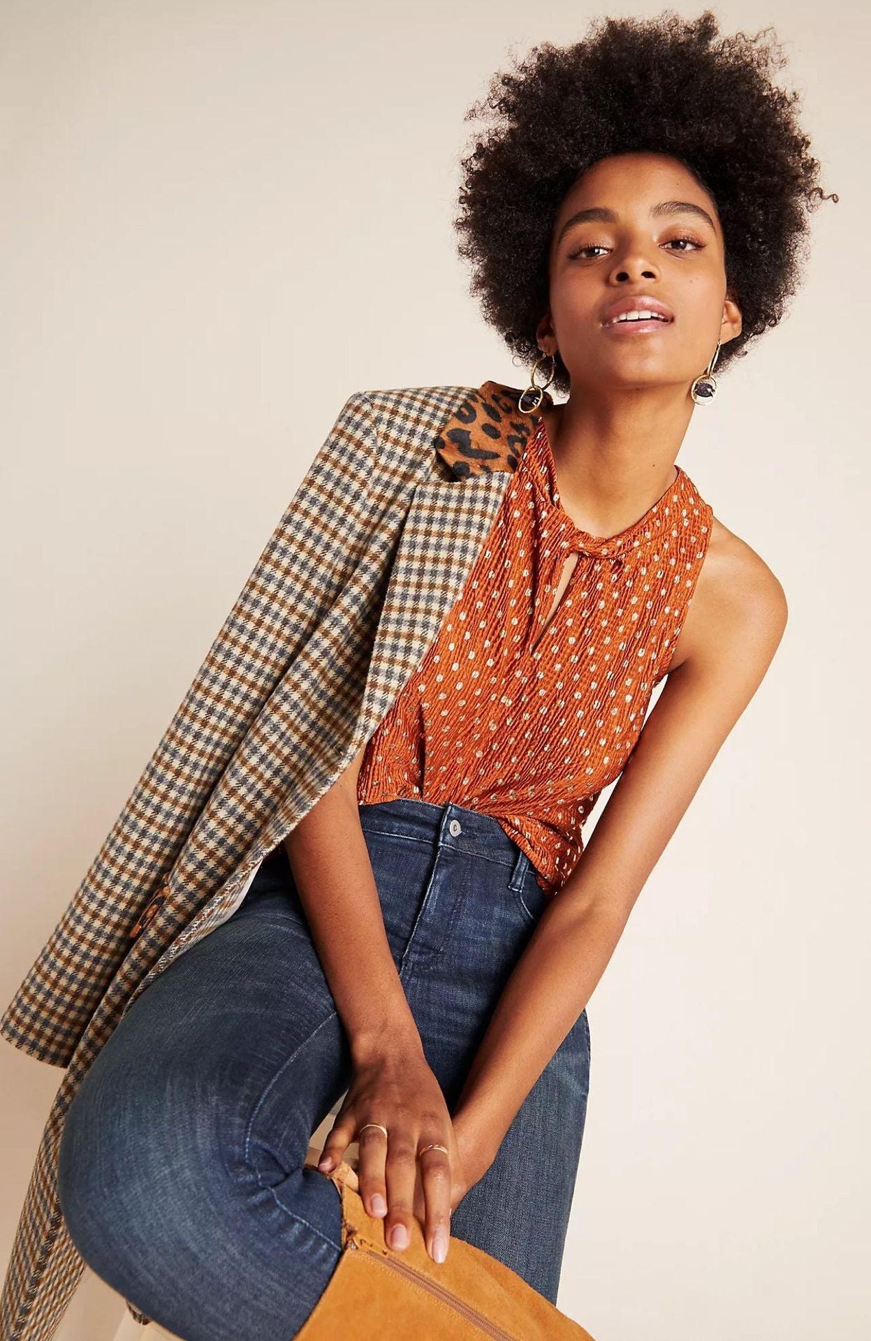 Anthropologie Metallic Brown & Silver Polka Dot Print Sleeveless Top