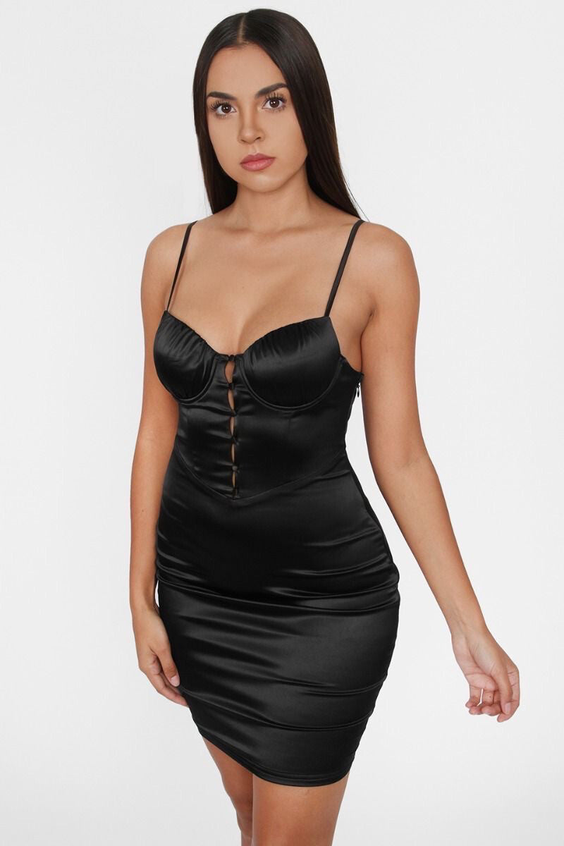TIC TOC Black Satin Corset Bodycon Mini / L