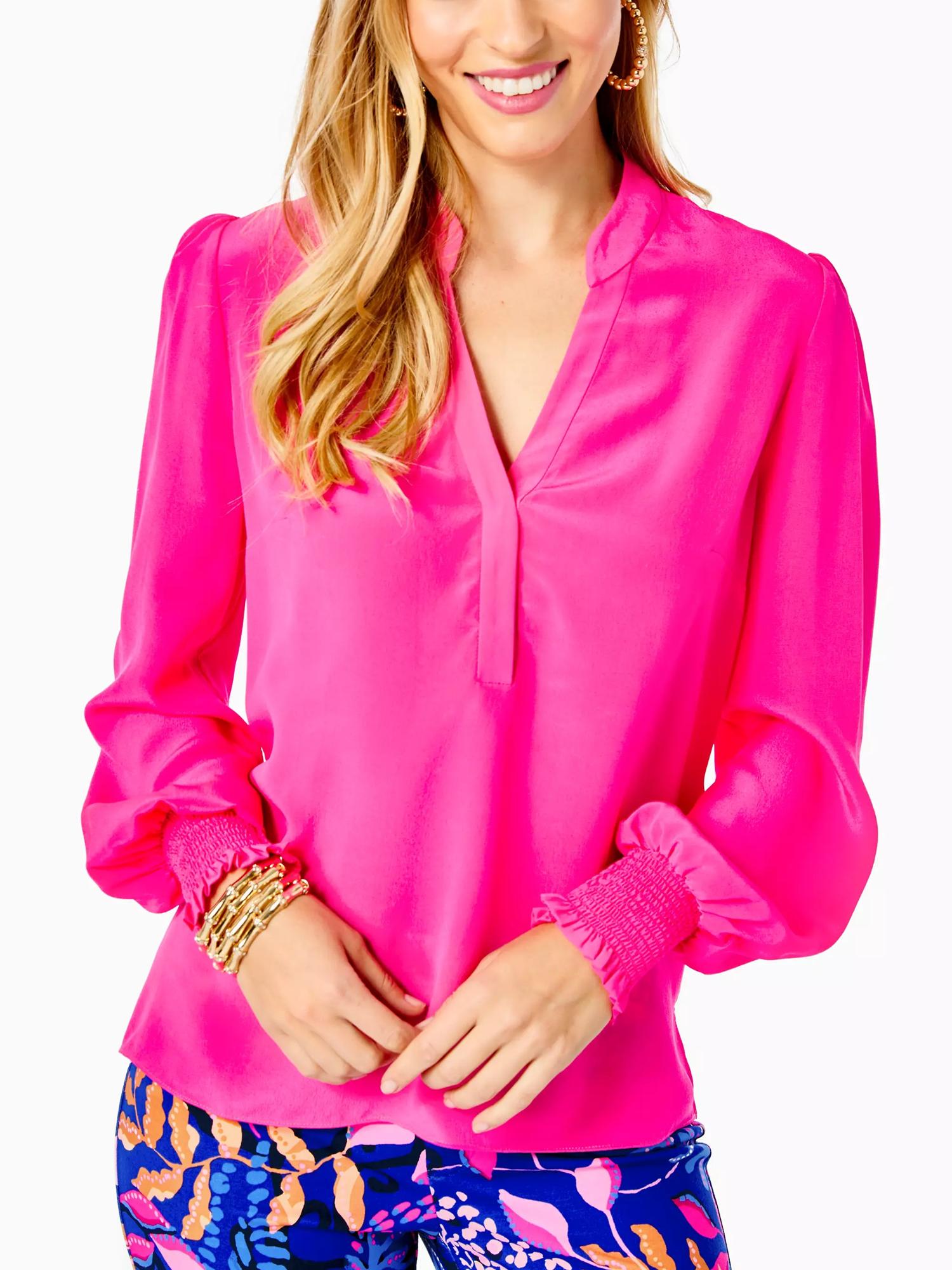 Lilly Pulitzer Dae Smocked Cuff Popover Silk Blouse - /Pink