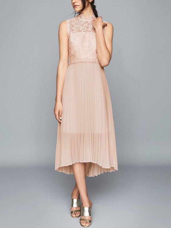 REISS Cream Lace Chiffon Dress Size 10 Long Formal Wedding Party Sleeveless