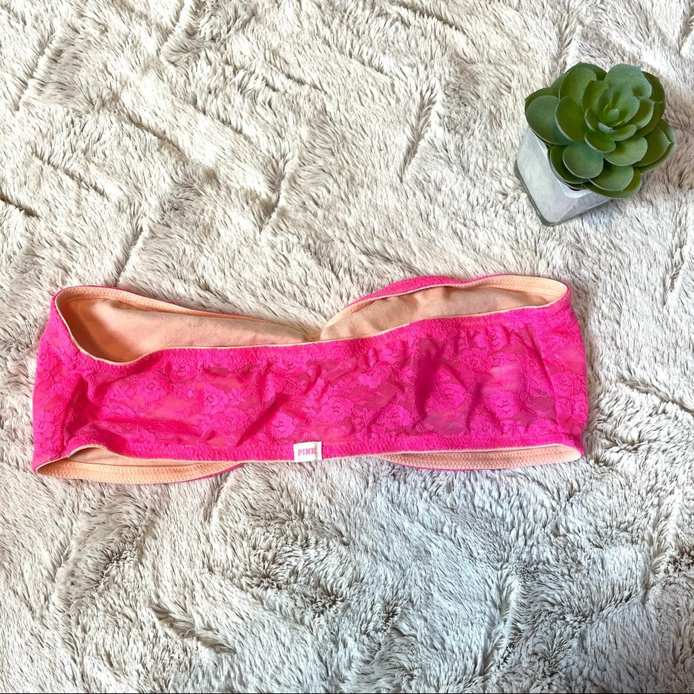 PINK Victoria’s Secret | Hot Pink Lace Bandeau Bralette Size Medium