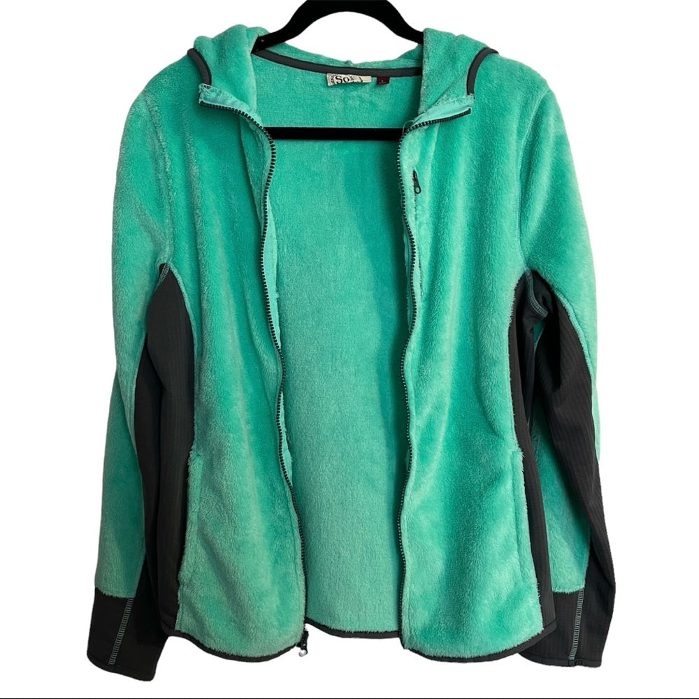 SO | Mint Green & Gray Faux Fur & Fleece Lined Full-Zip Jacket with Hood Size L