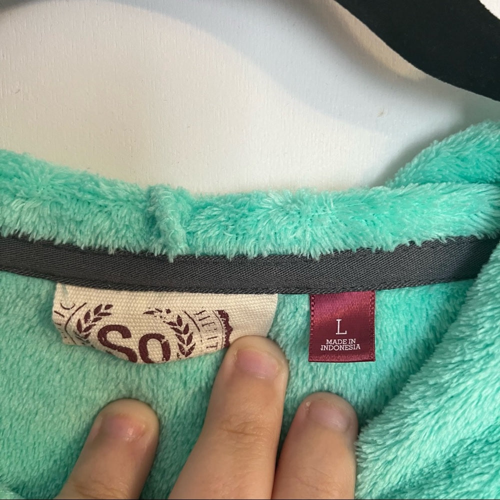 SO | Mint Green & Gray Faux Fur & Fleece Lined Full-Zip Jacket with Hood Size L