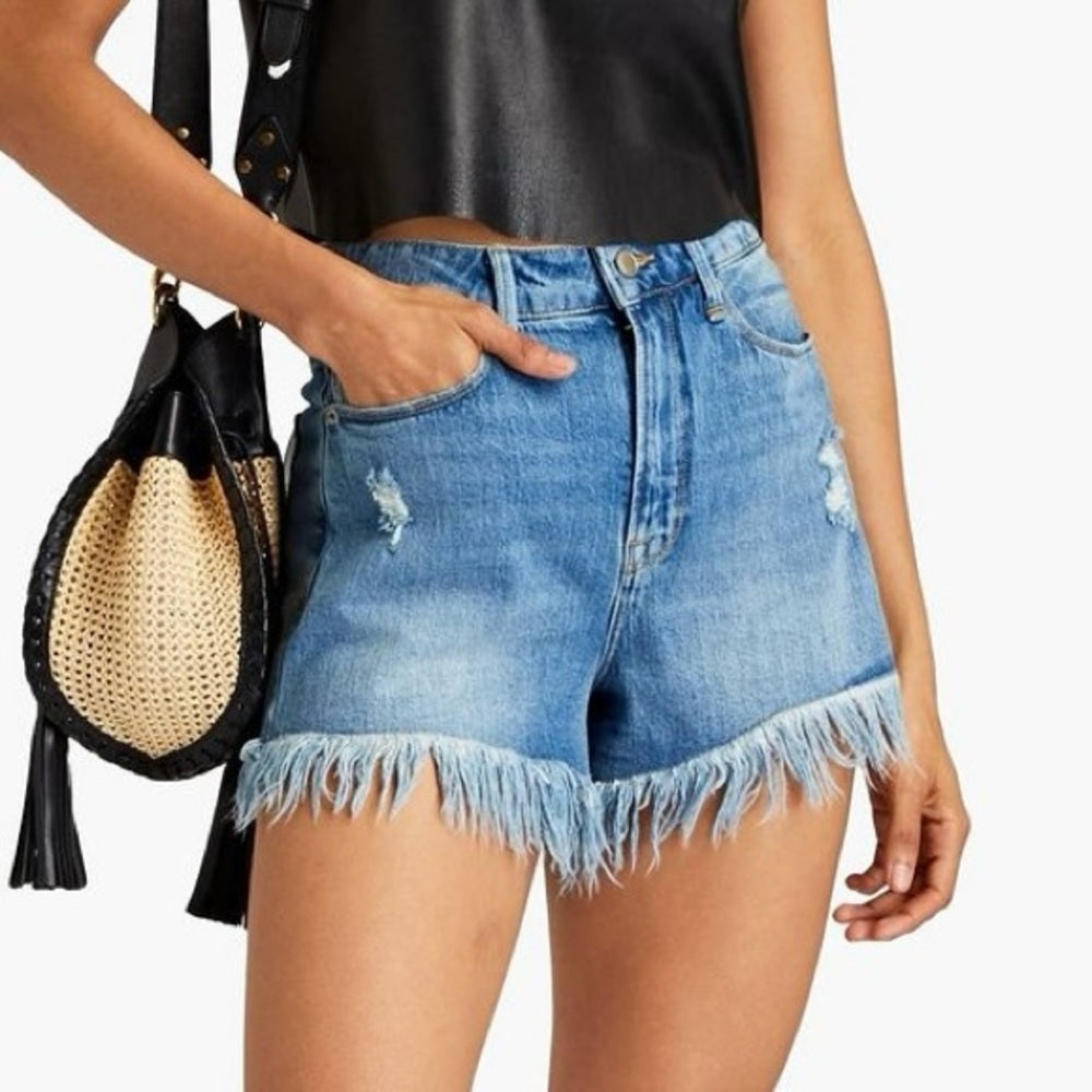 GOOD AMERICAN Bombshell Frayed Denim Shorts - Medium Blue Wash - Size 18