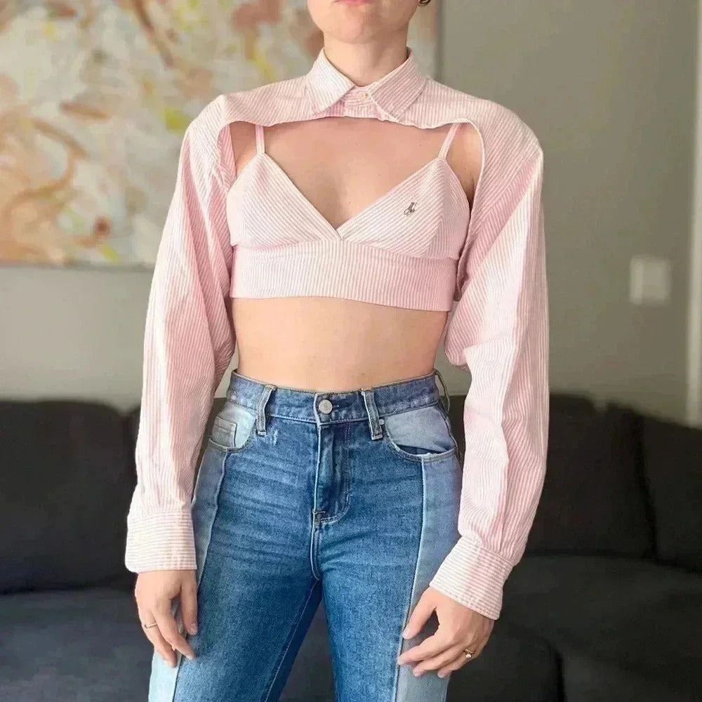 Reworked Two Piece Ralph Lauren Top - White and Pink Stripes - Size S