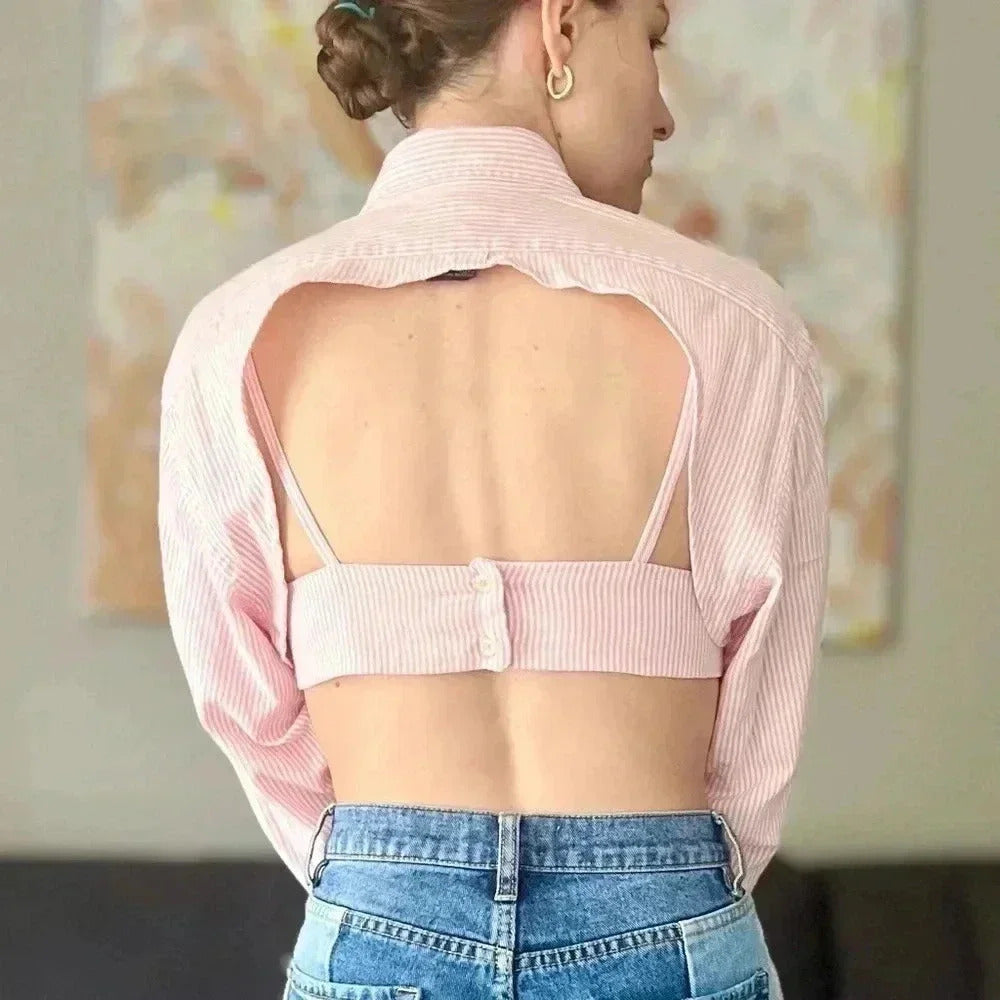 Reworked Two Piece Ralph Lauren Top - White and Pink Stripes - Size S