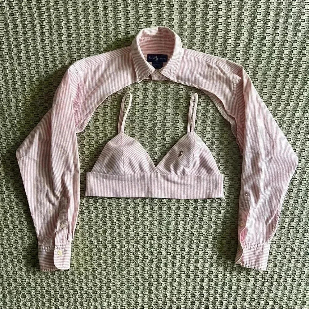 Reworked Two Piece Ralph Lauren Top - White and Pink Stripes - Size S