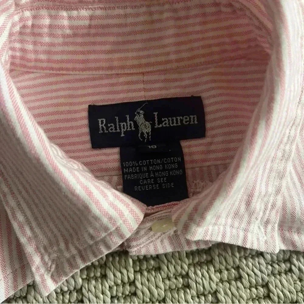 Reworked Two Piece Ralph Lauren Top - White and Pink Stripes - Size S
