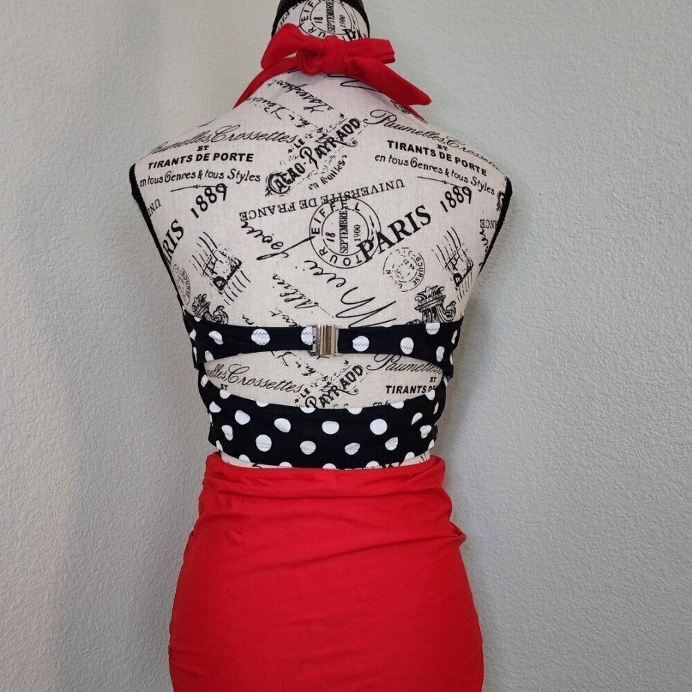 2 Piece Retro Black & White Polka Dot & Red Swimsuit Size: XL