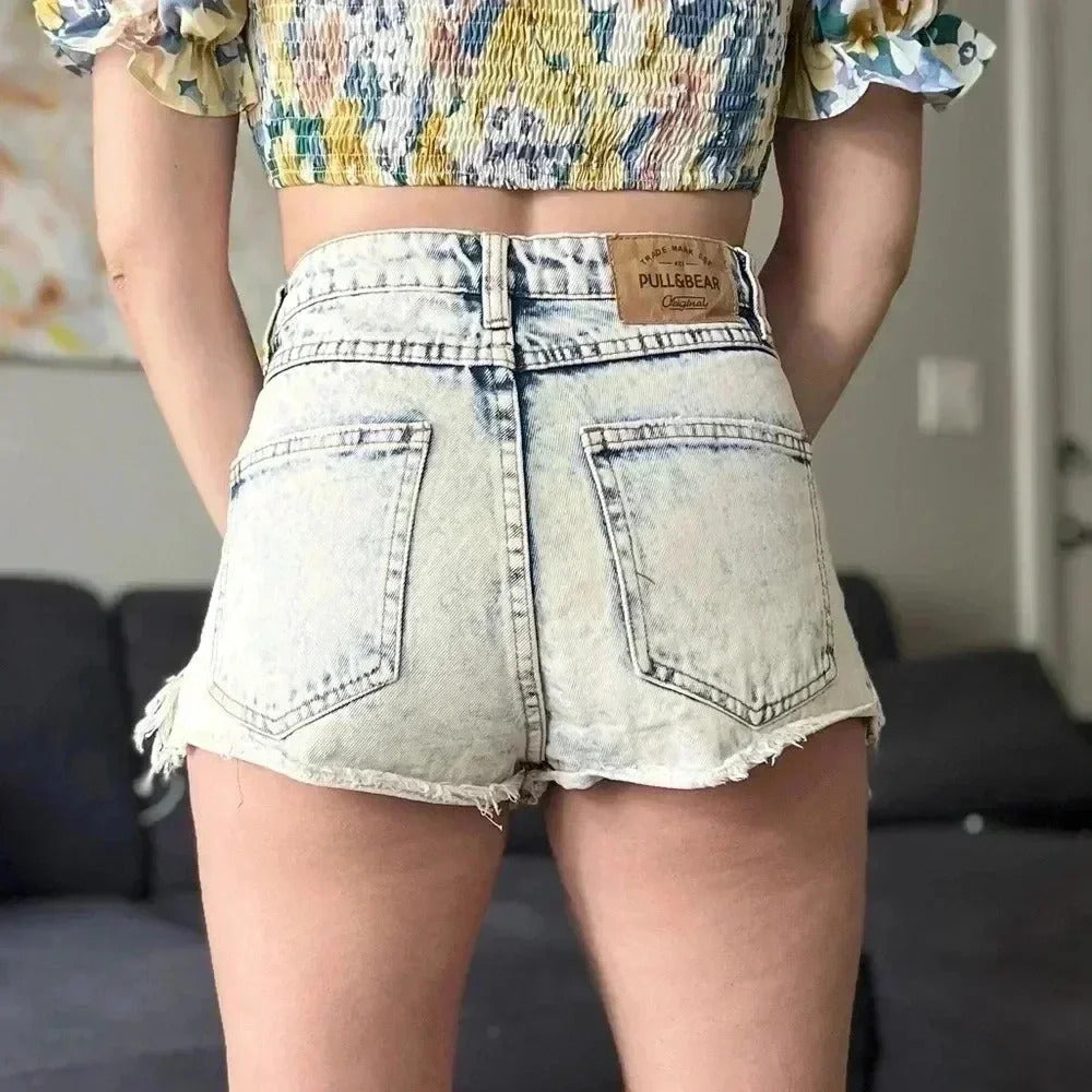 Pull & Bear Distressed Denim Shorts - Acid Wash - Size XS