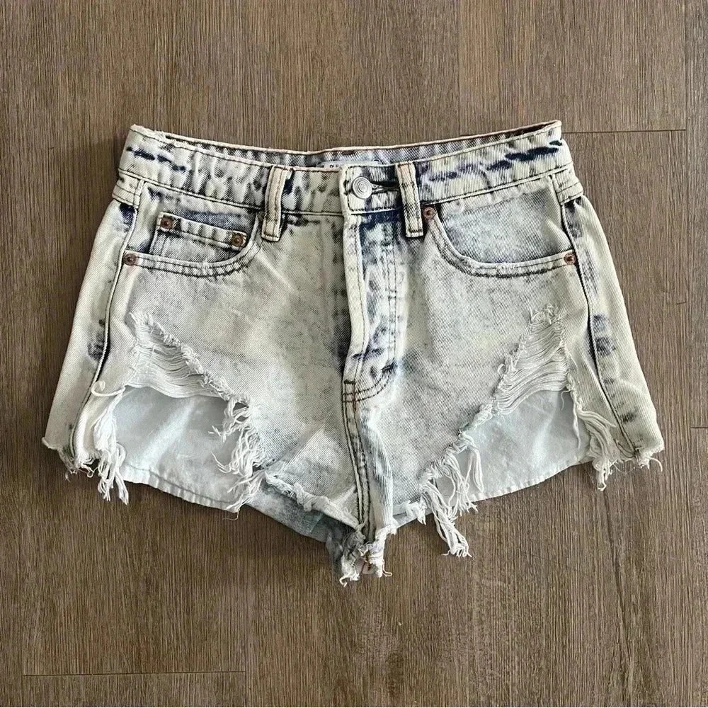 Pull & Bear Distressed Denim Shorts - Acid Wash - Size XS