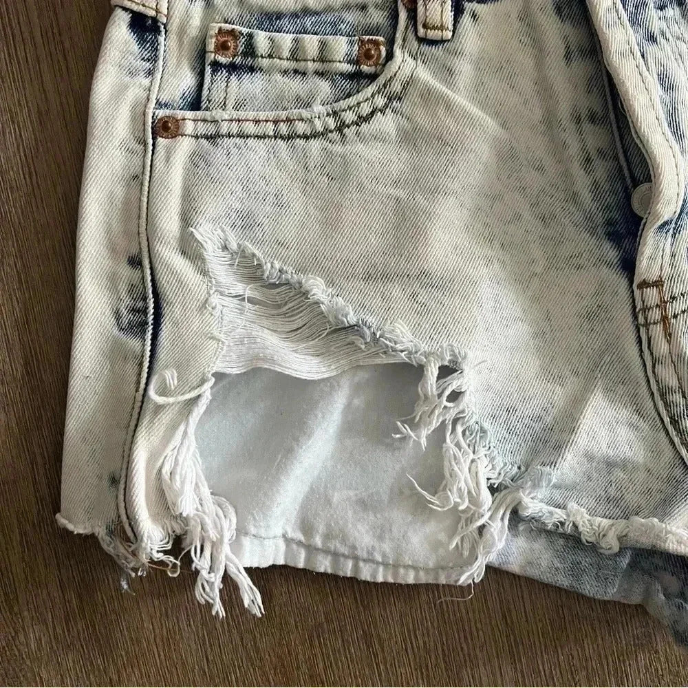 Pull & Bear Distressed Denim Shorts - Acid Wash - Size XS