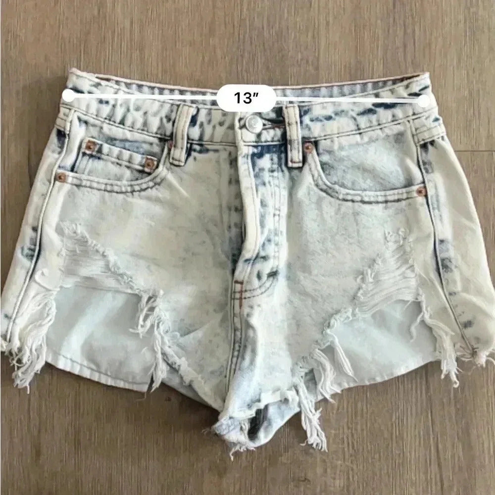 Pull & Bear Distressed Denim Shorts - Acid Wash - Size XS