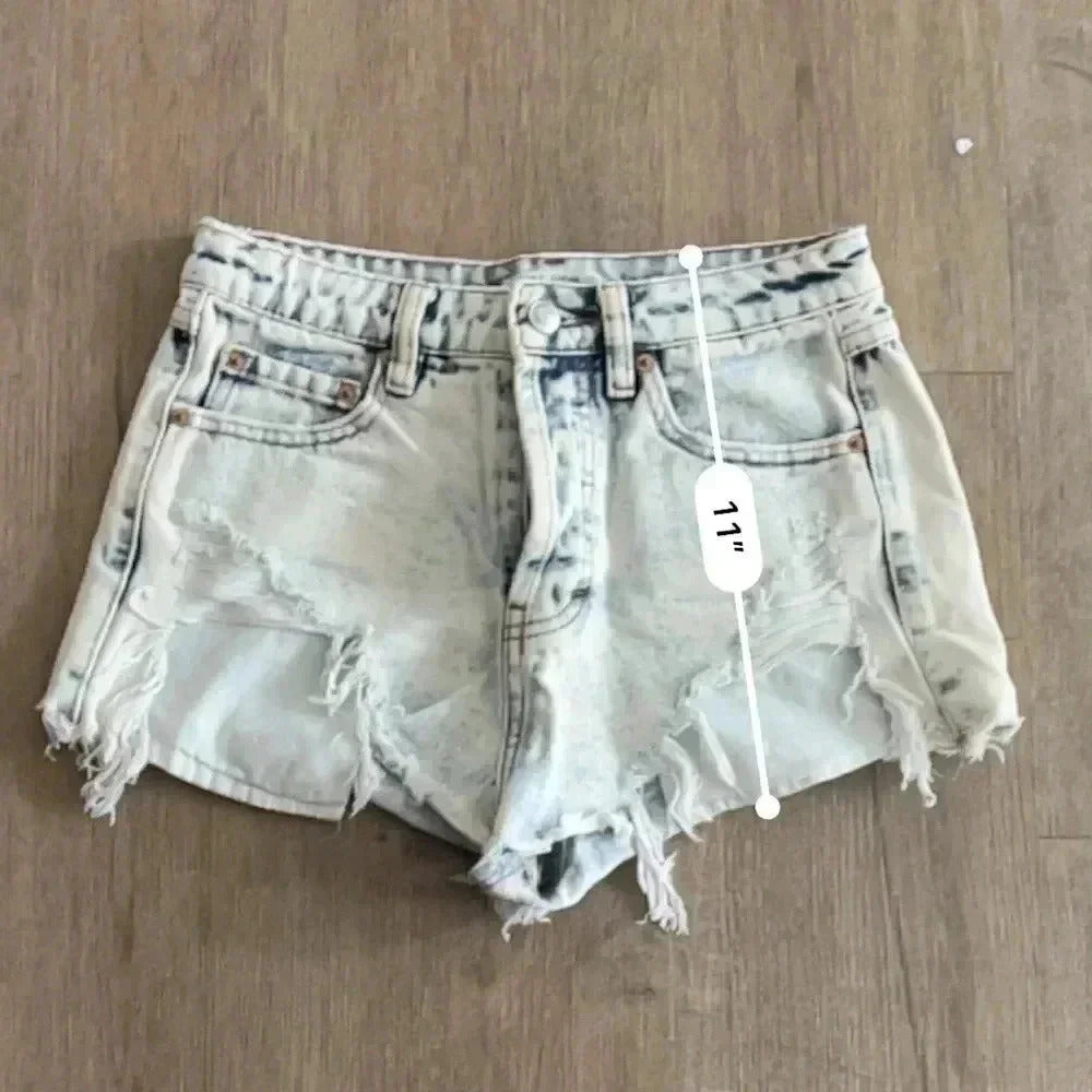 Pull & Bear Distressed Denim Shorts - Acid Wash - Size XS