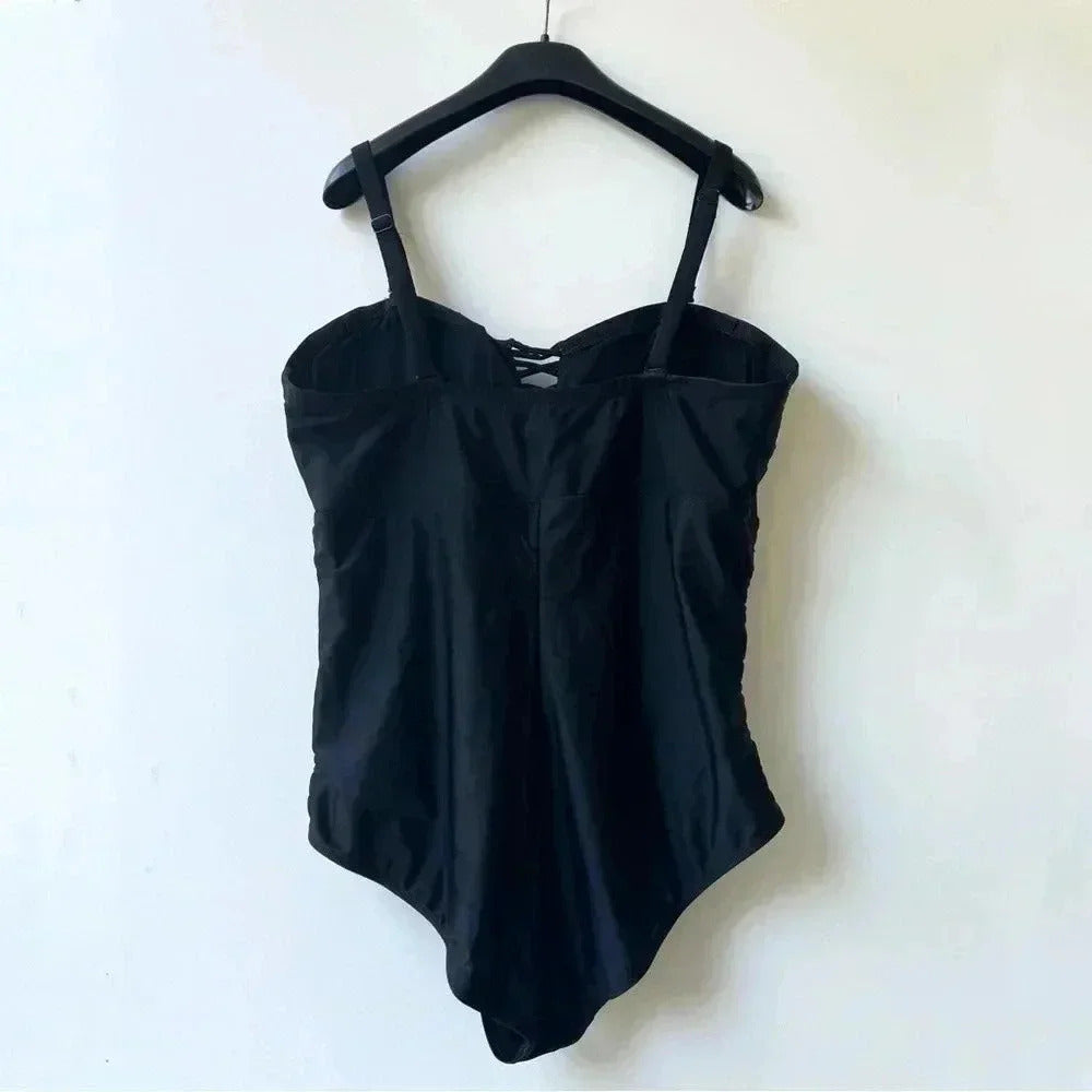 Torrid Slim Fix Wireless Lattice Front One Piece Swimsuit - Black - Size 3X