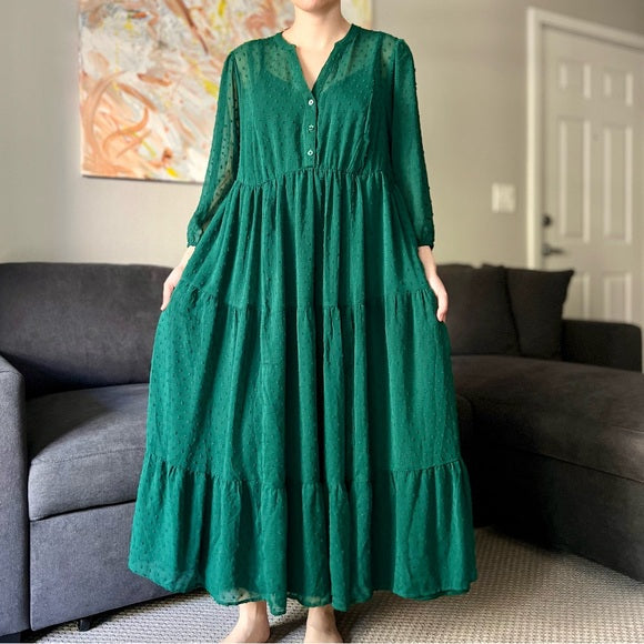 Torrid Maxi Chiffon Clip Dot Pleated Dress - Emerald Green - Size 0 (L)