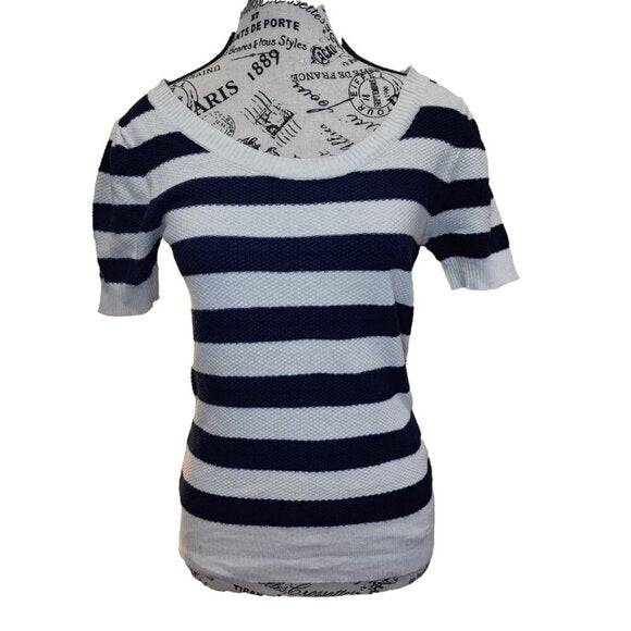 Forever21 Blue & White Short Sleeve Striped Sweater Size M
