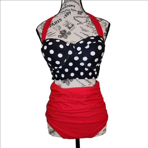 2 Piece Retro Black & White Polka Dot & Red Swimsuit Size: XL