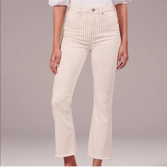 Abercrombie & Fitch High Rise Ankle Flare Jeans - White Tan Striped - Size 2/26L