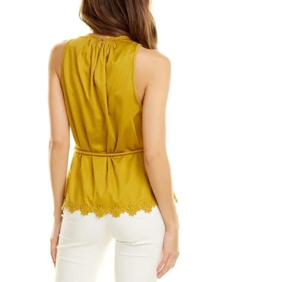 Trina Turk Mustard Gold Climate Top W/ Crochet Detail Hem