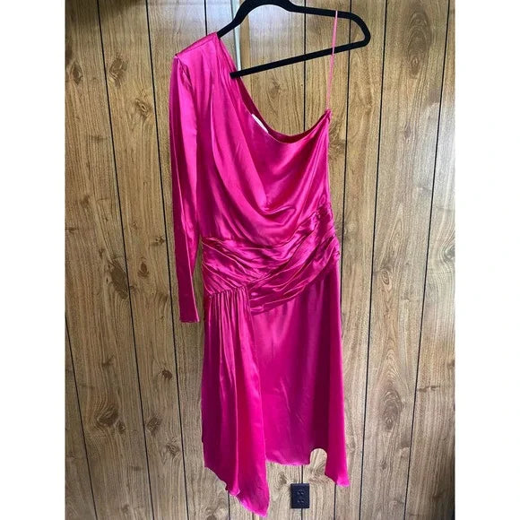 EACH X OTHER Satin One-shoulder Asymmetric A-line Dress In Pink