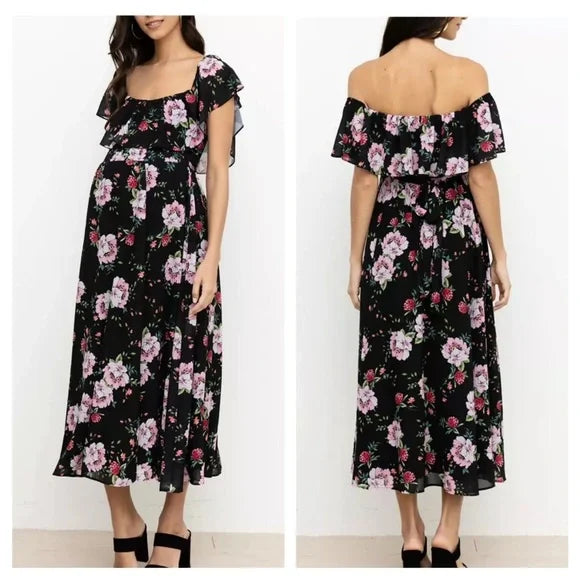 Yumi Kim Anthropologie Chantal Black Floral Maternity Midi Dress NWT