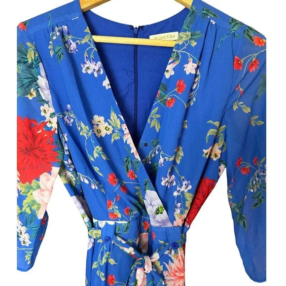 Yumi Kim Liz Silk Blue Floral 3/4 Length Tab Sleeve Romper Size 4 Small NWOT
