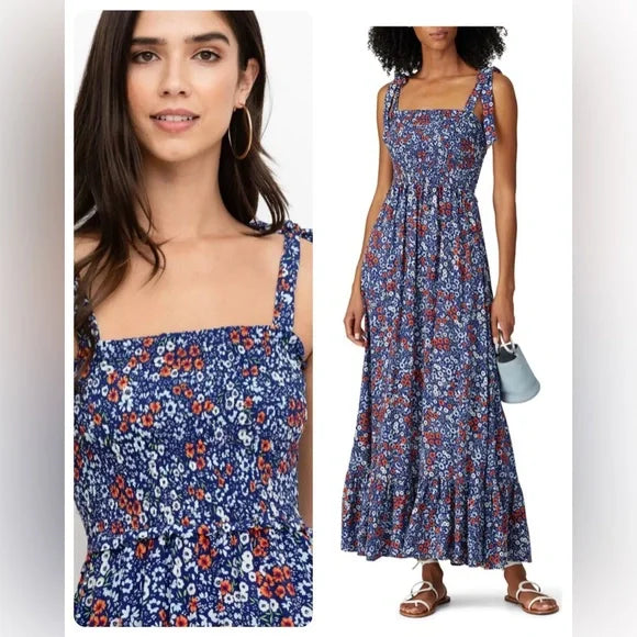 Yumi Kim Laurel Floral Maxi Dress Smocked Top Blossom Navy Blue Small NWT